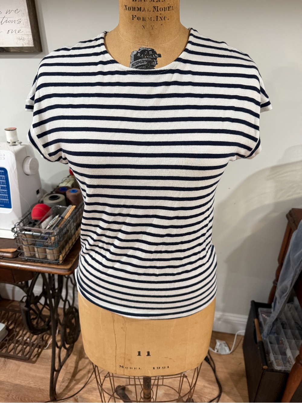 Green Envelope Navy and White Striped Short Sleeve Tee